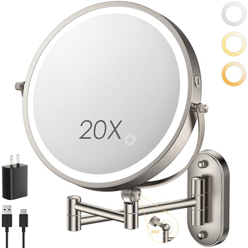 ZLOKLA 9 Wall Mounted Lighted Makeup Mirror,4000mAh Rechargeable Double Sided 1X/20X Magnifying Mirror with Light,Touch Dimmable,Extended Arm 360 Rotation Wall Mounted Makeup Mirror 3 Color Lights-N