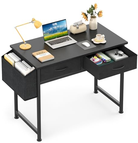 CAIYUN Computer Office Desk for Small Space with Fabric Drawers, Home Office Desk for Bedroom with Side Pocket and Hook, 31 Inch Kid’s Desks, Writing Desks, Study Table and Work Table, Black