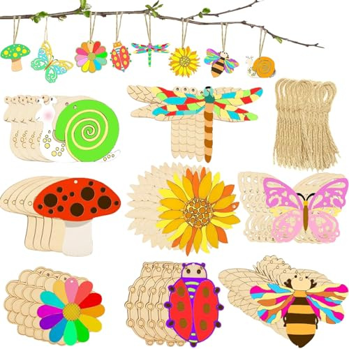BbiuRer Holzanhänger Zum Bemalen, 40 Stück Holztiere mit Schnüren, 8 Verschiedene Holzanhänger-Styles zum Basteln & DIY, Ideal für Gestalten, Heimdekoration und Party-Deko