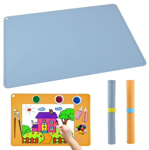 GEEKHOM 2 Stück Malunterlage für Kinder 60x40cm - A2 Silikon Bastelunterlage Groß Silikonmatte für Malen, Harz, Sand Art - Antihaft & Waschbar, Schreibtischunterlage mit Erhöhten Kanten (Gelb + Blau)