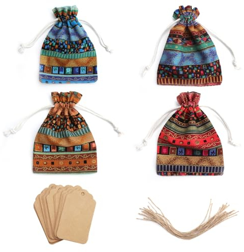 VOSSOT 24 jutesäckar, 10 x 14 cm presentpåsar med dragsko, liten tygpåse, bomullspåse, i etnisk stil, jutepåse för jul bröllop, fest, gör-det-själv med etiketter och snöre