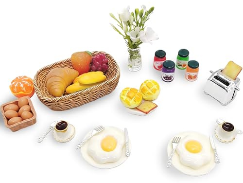 36 Stück Miniatur Essen Trinken Set für Puppenhaus, 1:12 Mini Lebensmittel aus Harz mit Geschirr, Frühstück & Getränke, Mini Küche Kleine Puppenzubehör Spielgeschirr für Miniküche, Mini-Teeparty