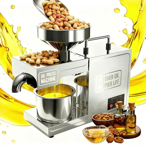 Prensa Aceite 1000w,Control Temperatura MáQuina Prensa Aceite AutomáTica,MáQuina De Prensado De Aceite Comercial,4-7kg/H,para Cacahuetes,Frutos Secos,Sésamo,Se Puede Prensar en Caliente o en Frío