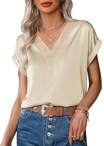 Zeagoo Satin Chemisiers Blouses Femme Chic Elegant Shirt Manche Courtes Hauts Top Champagne XXL