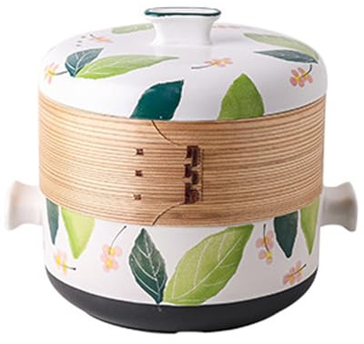 MEMEM Olla de cerámica Japonesa, cazuela Artesanal con Tapa, for cocinar a Fuego Lento, vaporera for Sopa en la Cocina con Cesta de bambú Natural.