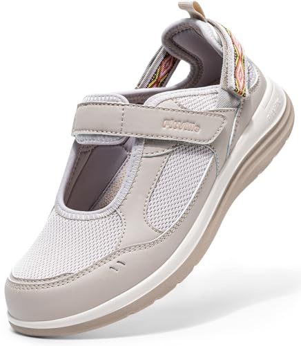 FitVille Sandalias Mary Jane Mujer Ancho Extra Zapatos de Verano Cierre Ajustable, Ligeras y Transpirables, Ideales para Pies Anchos, Caminar y Viajes Beige 41 EU Ancho