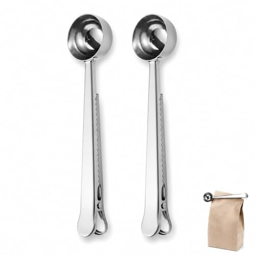 2 Pcs 2-in-1 Coffee Scoop & Bag Clip, 15ml Stainless Steel Measuring Spoon | Seals coffee bags to lock in freshness; ideal for ground beans & cafetiere, ensures accurate portioning for consistent brews