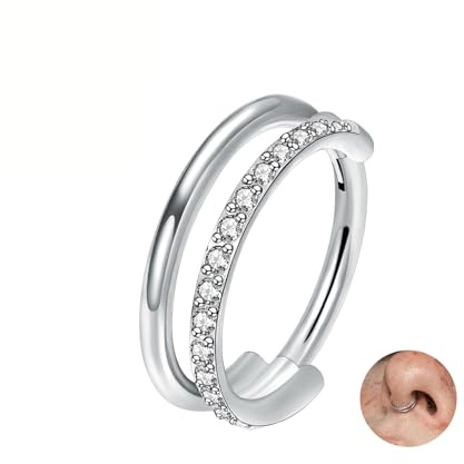 GAZIL Piercing Nariz de Titanio G23 Plata 16G 1,2mm x 8mm, Septum con Circonita para Conch, Helix, Nostril, Tragus y Cartílago