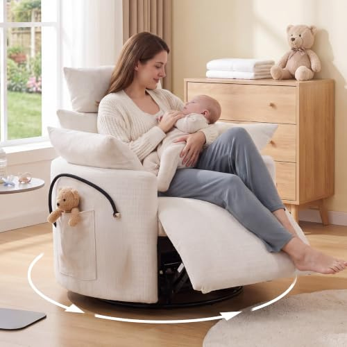 DEKKETO Manual Nursing Rocking Recliner Chair with Footrest, Chenille White | Footrest, Adjustable Headrest, Silent 300° Swivel, 30° Rocking Motion, Phone Holder, 2 Side Pockets, 2 Cushions, Oversized