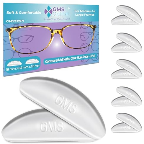 GMS Optical Adhesive Silicone Nose Pads for Glasses | 1.8mm Reg-Thin, 18mm Large | Non Slip Glasses Grips for Sunglasses and Eyewear w/Super Sticky Backing, Eyeglass Accessories (5 Pairs, Clear)