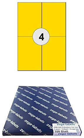 400 Etiketten 105 x 148 mm GELB selbstklebend auf DIN A4 Bögen (2x2 Etiketten) - 100 Blatt Pack - Universell für Laser/Inkjet/Kopierer/Farblaser einsetzbar - 105x148mm 4-teilig