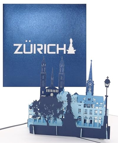 Grußkarte „Zürich – Panorama mit Grossmünster“ - 3D Pop Up Karte mit Züricher Skyline – Städtekarte als Souvenir, Geschenk, Einladung & Reisegutschein zum City Trip nach Zürich & Schweiz Urlaub
