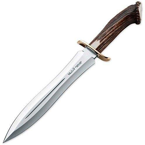 Muela Cuchillo BW-24S hoja de acero ACX-380 de 24 cm y empuñadura de roseta de ciervo para Caza, Pesca, Supervivencia y Bushcraft Realizado en Ciudad Real + Portabotellas de regalo
