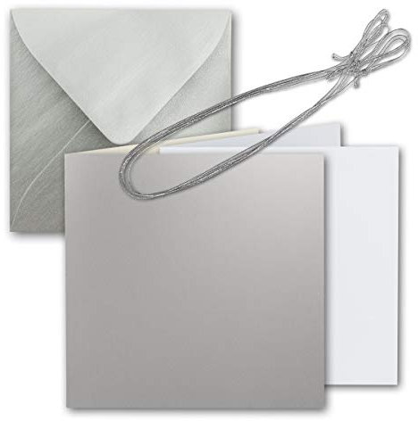 50x Quadratisches Faltkarten Set 15 x 15 cm - mit Briefumschlägen & Einlegeblätter & Schmuckband - Silber Metallic - für Silberene Einladungskarten, Hochzeit, Weihnachten - von GUSTAV NEUSER