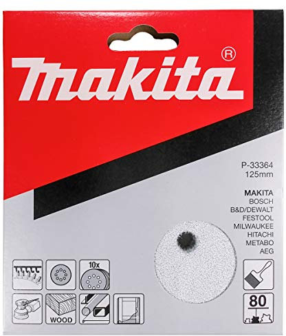 Makita 10 Pack - 80 Grit Sanding Discs For 5 Random Orbit Sanders - For Aggressive Sanding of Wood, Metal & Plastic | 8 Hole Hook-And-Loop Sandpaper
