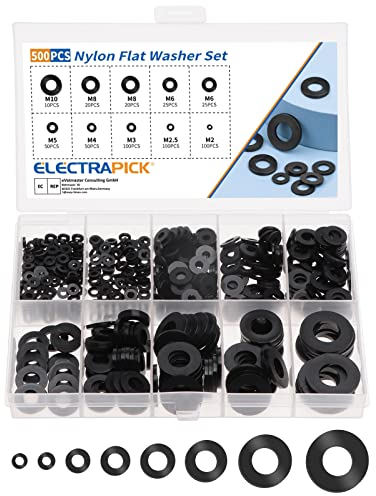 ELECTRAPICK 500 Stück Unterlegscheiben Kunststoff, Beilagscheiben Korrosionsfreie Sortiment Set 8 Größen Sicherungsscheiben Kit Schwarz (M2 M2.5 M3 M4 M5 M6 M8 M10)