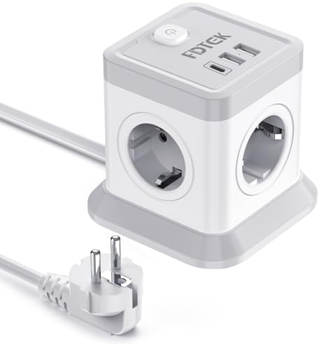 FDTEK 7 in 1 Steckdosenwürfel mit USB, Cube Mehrfachsteckdose 2500W/10A | 4 Fach Steckdosenleiste mit Schalter, 2 USB-A und 1 USB-C mit 1,8m Kabel, Würfel Mehrfachstecker für Büro Zuhause und Reisen