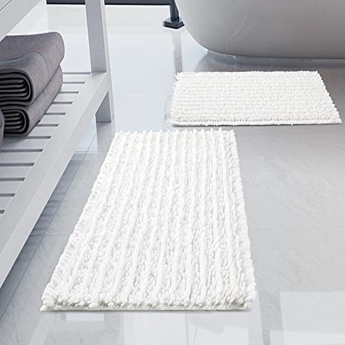 H.VERONNEX Luxury Chenille White Bathroom Rugs Sets 2 Piece, Thickened Hot Melt Rubber Bottom Bath Mats for Bathroom Non Slip,Bath Rugs Quick Dry Machine Washable for Shower Mat (32x20+17x24)