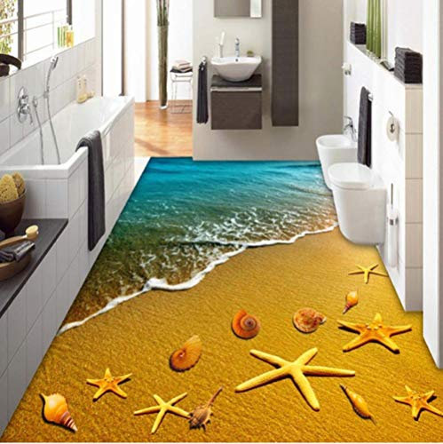 Custom Mural Wall Paper Roll Golden Beach Shells Waves Vinyl Flooring Bathroom Living Room Bedroom Floor Self-Adhesive Wallpaper-400cmx280cm(157.4x110.2inch)