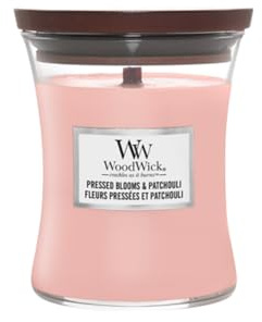 WoodWick Sanduhr Medium Jar Pressed Blooms & Patchouli Bougie parfumée pour la Maison et l'intérieur