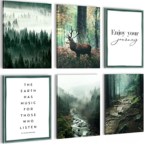 Novart Wandbilder - KEIN EXTRA RAHMEN BENÖTIGT - Wohnzimmer Schlafzimmer Flur - Bilder Modern Wald Hirsch - Natur Grün - N004665a