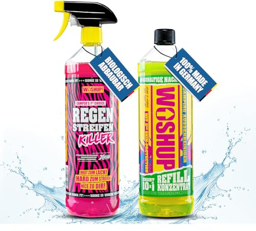 WOSHUP! High Power Wohnwagen Reiniger Regenstreifen Killer Xtra Skin Schutzfilm 1000 ml Regenstreifenentferner für Wohnwagen, Wohnmobil, Boot, Anti Regenstreifen (1 Liter + Cleaner)