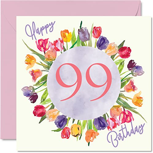 Stuff4 Schöne 99. Geburtstagskarten für Frauen, Karte für sie Großmutter | Aquarell-Tulpen, Blumenstrauß, Oma, Gran, Geburtstagsgeschenke, 145 mm x 145 mm, schöne florale Grußkarten als Geschenk