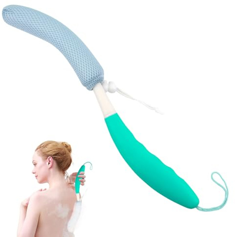 Back Bath Brush with Sponge, 15.35Back Scrubber with Anti-Slip Long Handle | Back Scrubber for Shower, Curved Long Handle Bath Body Brush for Elderly Aid Bathing and Shower, Exfoliating Body Scrubber
