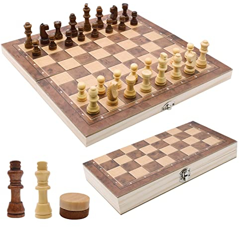 Schachspiel Holz Hochwertig, 3 In 1 Schach, Tragbare Schachbrett, Chess Board Klappbar, Abschließbarer Koffer, Set für Party Familie Aktivitäten,reiseschach, Kinder (29x29x2cm)