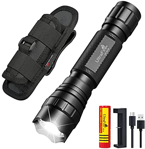 UltraFire LED Taschenlampe mit Holster, 1000 Lumen Single Mode Taktische Taschenlampe mit Gürteltasche, Safety Taschenlampe mit Wiederaufladbarer Batterie und Ladegerät, WF-501B
