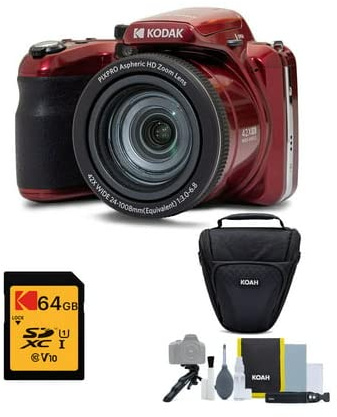 Kodak PIXPRO AZ425 Astro Zoom 20MP Digital Camera with 42x Optical Zoom (Red) Bundle with 64GB SD Card and Accessory Kit (3 Items)