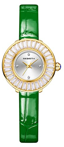 JewelryWe Damenuhr Analog Quarz Armbanduhr Elegant Schmal Trapezförmig Kristall Echtleder Leder Armband Uhr Damen 30m Wasserdicht Geschäft Lässige Uhren für Frauen Mädchen Grün
