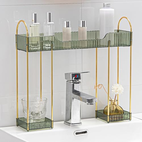 YCIA&DONE Bathroom Countertop Organizer Over The Faucet, Narrow Counter Organizers Above Sink, Table Mounted Faucet Sink Shelf for Kitchen, Toilet, Laundry(Vintage Green)