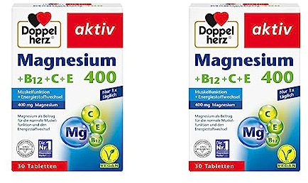 Doppelherz Magnesium 400 + B12 + C + E - Magnesium unterstützt die Muskeln und das Nervensystem - 30 vegane Tabletten (Packung mit 2)