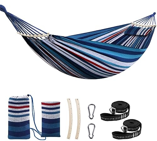 Chihee Hängematte aus Baumwolle Große,weiche,atmungsaktive Camping-Hängematten Hält bis zu 300kg Tragbare Baum-Hängematte mit abnehmbarem Spreizstab Kopfkissen 2 Starke Gurtbänder 2 Karabinerhaken