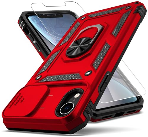 YZOK iPhone XR Hülle mit Kameralinsenabdeckung, HD-Displayschutzfolie, [Militärqualität] Ring Autohalterung Kickstand Hybrid Hard PC Soft TPU Stoßfest Schutzhülle für iPhone XR Rot