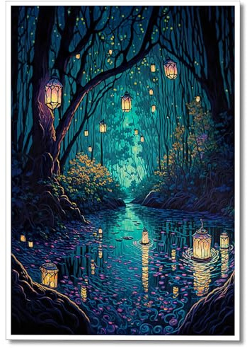 Yuaruo Toile murale fantaisie avec motif de forêt spirituelle - Lanternes magiques sur arbres - Bleu - Pour chambre - Esthétique - Pays-merveilles - Nuit sombre - Lucioles - 40,6 x 61 cm - Sans cadre