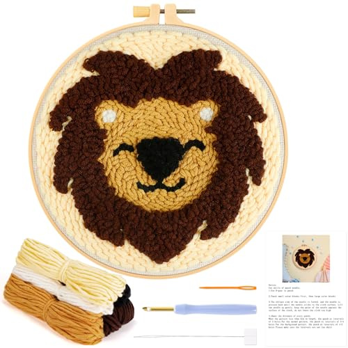 JSRQT Punch Needle Stickerei Set für Anfänger, Stanznadel Starter Sets für Erwachsene Kinder mit Niedlichem Löwenmuster, DIY Punch Needle Embroidery Starter Kits mit Nadel und Faden, Stickrahmen