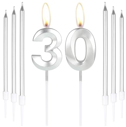Silber 30. Geburtstag Kuchen Kerzen Zahl 30 Kerzen mit 6 Stück langen Kerzen, Partykerzen für Kuchen, Silberkerzen Kuchendekorationen für Jungen, Mädchen, Männer, Frauen, 30. Geburtstag, Dekoration