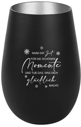 Der-Porzellan-Laden Windlicht mit Gravur Nimm dir Zeit für die schönen Momente, Schwarz Silber, Teelichthalter aus Glas mit Spruch, Tischdeko modern
