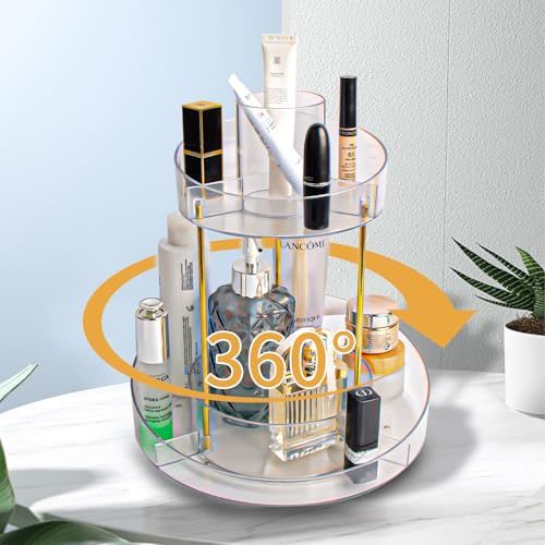 BELICOO 360° Drehbar Kosmetik Schminktisch Organizer, 2 Etagen 8 Fächer Multifunktion Make Up Organizer, Skincare Organizer Schmink Aufbewahrung für Badezimmer Schlafzimmer, Geschenkidee, Transparent