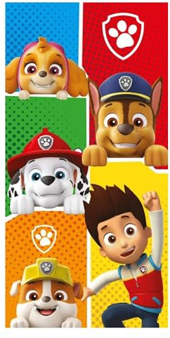 damaloo Kinder Handtuch groß aus Baumwolle passend für Paw Patrol Fans - Duschtuch für Jungen, Mädchen & Erwachsene - Ryder, Rubble, Marshall, Chase & Skye - Buntes Badetuch XXL 70x140