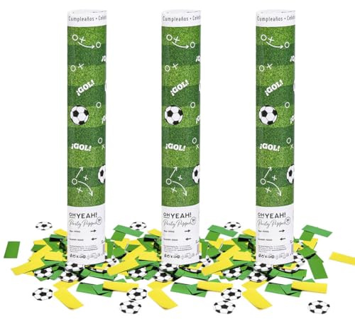 OH YEAH - 3 Unidades - Cañón Confeti Foil Fútbol - 30 cm - Fiestas y Celebraciones - Ideal para Bodas, Cumpleaños, Eventos y Despedidas - Gran Potencia de Alcance - FÁCIL DE USAR