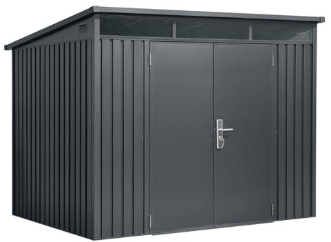 Gerätehaus Metall pulverbeschichtet anthrazit | Geräteschuppen Pultdach (B 307 x T 280 x H 201/180 cm) | Tageslichtfenster, Gasdruckdämpfer, hochwertiges Schloss, Lüftungsgitter (8m² Grundfläche)