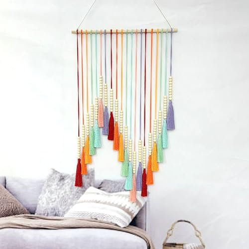 Homxi Wandbehang Makramee 55x90CM,Wandteppich Outdoor Boho Holz mit Gewebt Quasten Wandteppich Gewebt Mehrfarbig