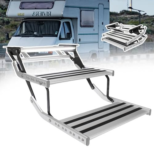 ASumPio automatische Wohnmobil-Stufe, rutschfeste Klappleiter für Wohnmobile und Wohnwagen, elektrische Wohnwagenstufen mit robuster Aluminiumkonstruktion, mit LED-Licht, Zwei S,Doublelayer