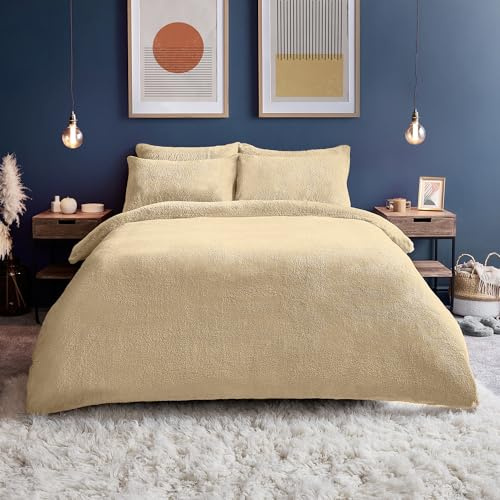 Silentnight Teddy Fleece Bedding - Teddy Bear Fleece Bottom Sheet Duvet Set Warm Cosy Fluffy Winter (Natural, Double, Duvet Set)