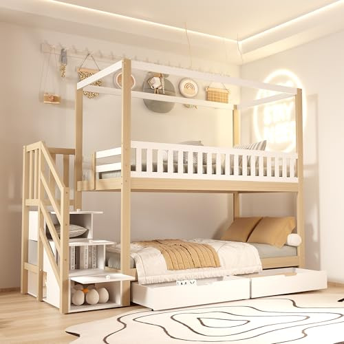 Kinderbett Etagenbett 90x200 mit Schubladen&Treppe Stauraum, Hochbett Hausbett für 2 Kinder, Holzbett Doppelbett mit Lattenrost&Rausfallschutz, Jugendbett Bettgestell Stockbett, Kiefer, Ohne Matratze