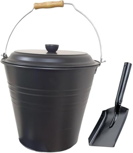 Unibos12 Liter Metal Ash Bucket Black with Free Shovel Fireside Storage Coal Ash Bin Fire Log Container with Wood Handle and Black Lid New (ASH BUCKET WITH SHOVEL)