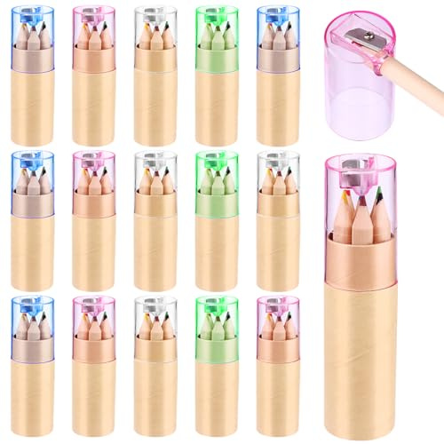 ULELE 16 Pack Mini Drawing Colored Pencils With Sharpener - 3.3inch Short Fat Color Pencils in Tube for Adult Coloring Books, Kids Classroom School Drawing
